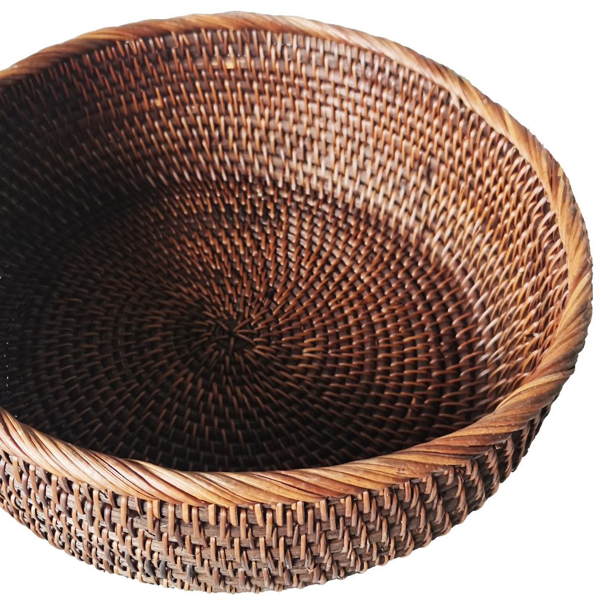 AMOLOLO 10 Inch Round Rattan Bowl Basket, Handmade Wicker Basket Tray with Scalloped Edge and 4”Deep Wall, Decorative Woven Dark Brown Bread Basket Fruit Bowl Key Holder Table Centerpiece, L amololo
