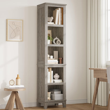 GarveeHome Narrow Bookcase 5 Tier Farmhouse Bookshelf Wooden Bookshelves Rustic Vintage Etagere Oak for Home Office, Living Room, Bed Room, Gray GarveeHome