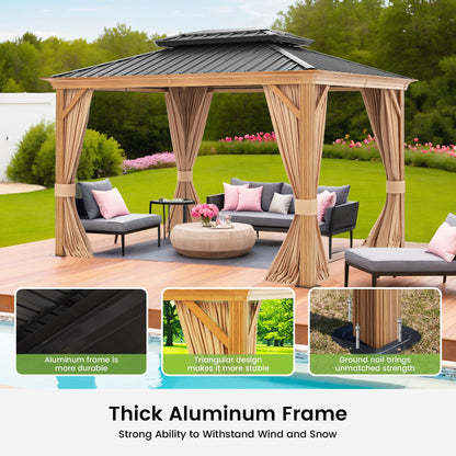 10' x 12' Patio Hardtop Gazebo Heavy Duty Aluminum Frame Metal Galvanized Steel Double Roof Outdoor Permanent Pergolas for Garden, Parties, Lawns, Deck (Woodgrain Grey)