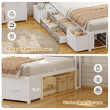 MSmask 14 Inch Corner Bed Frame with Bookcase Storage, Full Daybed with 6 Drawers, Charging Station and LED Light, Full Size Metal Platform Bed Frame for Kids Teenagers, White & Oak Grey MSmask