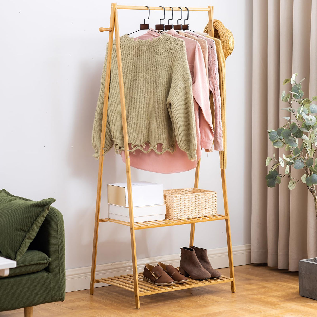 SHUOXIANG Bamboo Clothing Rack with Top Hanging Garment Rod, 2 Side Hooks & Bottom 2-Tier Shelves – Space-Saving Organizer for Clothes, Hats, Bags & Shoes SHUOXIANG