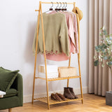 SHUOXIANG Bamboo Clothing Rack with Top Hanging Garment Rod, 2 Side Hooks & Bottom 2-Tier Shelves – Space-Saving Organizer for Clothes, Hats, Bags & Shoes SHUOXIANG