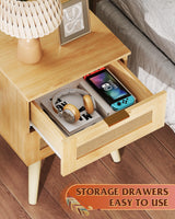 WLIVE Wood Nightstand Set of 2, Night Stand Sets with 2 Rattan Decor Drawers, End Tables with Solid Legs, Bed Side Table for Bedroom, Living Room, Natural Oak WLIVE