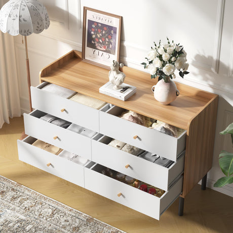 BAZELOR Kids Dresser for Bedroom, 6 Drawer Baby Dresser with Golden Handles, Modern Wood Chest for Hallway, Entryway, Nursery, White BAZELOR