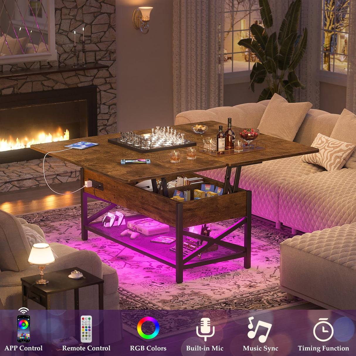 Aheaplus Coffee Table Lift Top with LED Light and Power Outlet, Multi-Function Coffee Table Converts to Dining Table, Center Table with Shelves for Living Room Reception Home Office, Rustic Brown Aheaplus