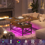 Aheaplus Coffee Table Lift Top with LED Light and Power Outlet, Multi-Function Coffee Table Converts to Dining Table, Center Table with Shelves for Living Room Reception Home Office, Rustic Brown Aheaplus