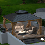 Domi 10'x12' Outdoor Hardtop Gazebo Permanent Canopy with Galvanized Steel Roof,Aluminum Frame,Curtains and Netting,for Patios,Backyard,Lawns(Wood Grain Coated) domi outdoor living