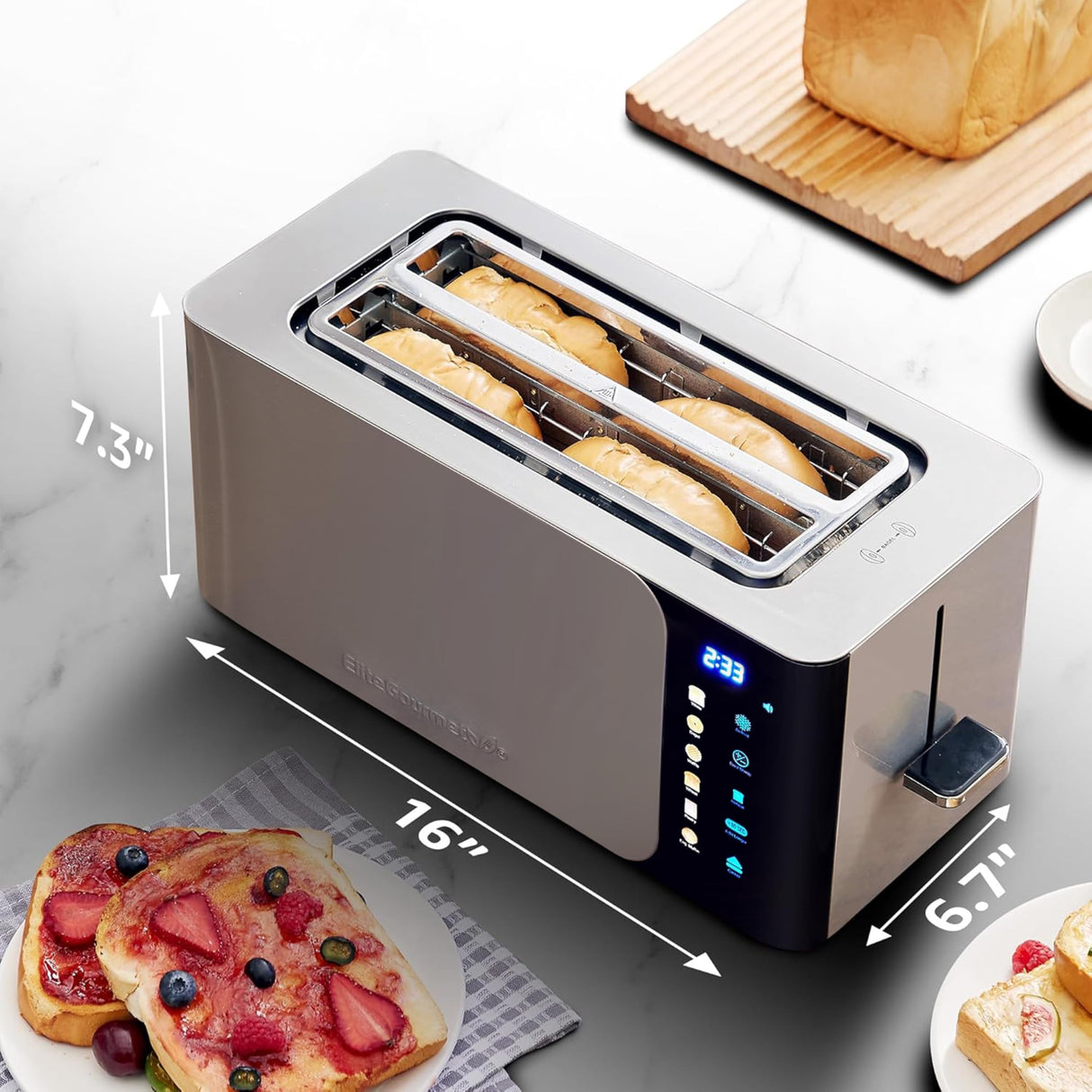 Elite Gourmet ECT5924D SmartToast Digital Long Slot 4 Slice Toaster, 1.5” Wide Slots for Thick Breads & Bagel Function, LED Touch Screen, Countdown Timer, 6 Shades, Stainless Steel Elite Gourmet