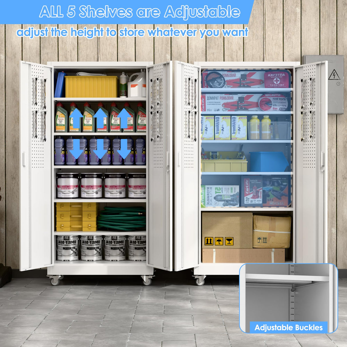 Aobabo Upgrade 71H''*32''W*16''D Metal Garage Storage Cabinet with Wheels and Pegboards, 5 Adjustable Shelves Steel Storage Cabinets for Home,Warehouse,Garage,Assembly Required,White Aobabo