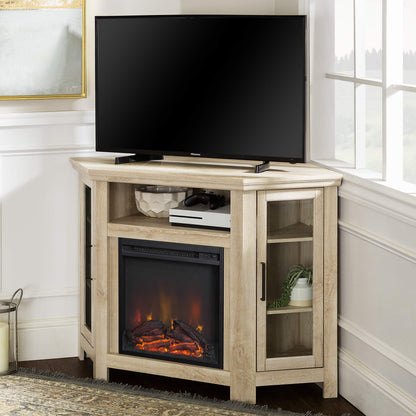 Walker Edison Alcott Classic Glass Door Fireplace Corner TV Stand for TVs up to 55 Inches, 48 Inch, White Oak