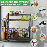 CaMecequter Garage Sports Equipment Organizer with 4 Baskets & 6 Hooks - Heavy Duty Freestanding Ball Storage for Basketball, Soccer & Outdoor Toys (Black) CaMecequter
