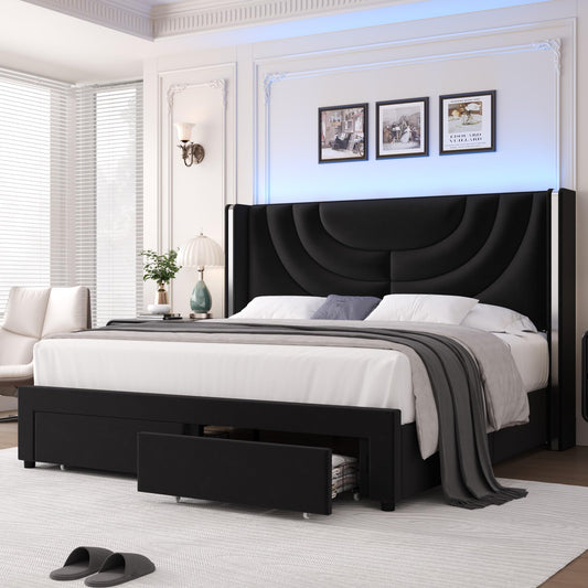 HITHOS Modern Velvet Upholstered LED Bed Frame with Storage Drawers and Wingback Headboard - WoodArtSupply