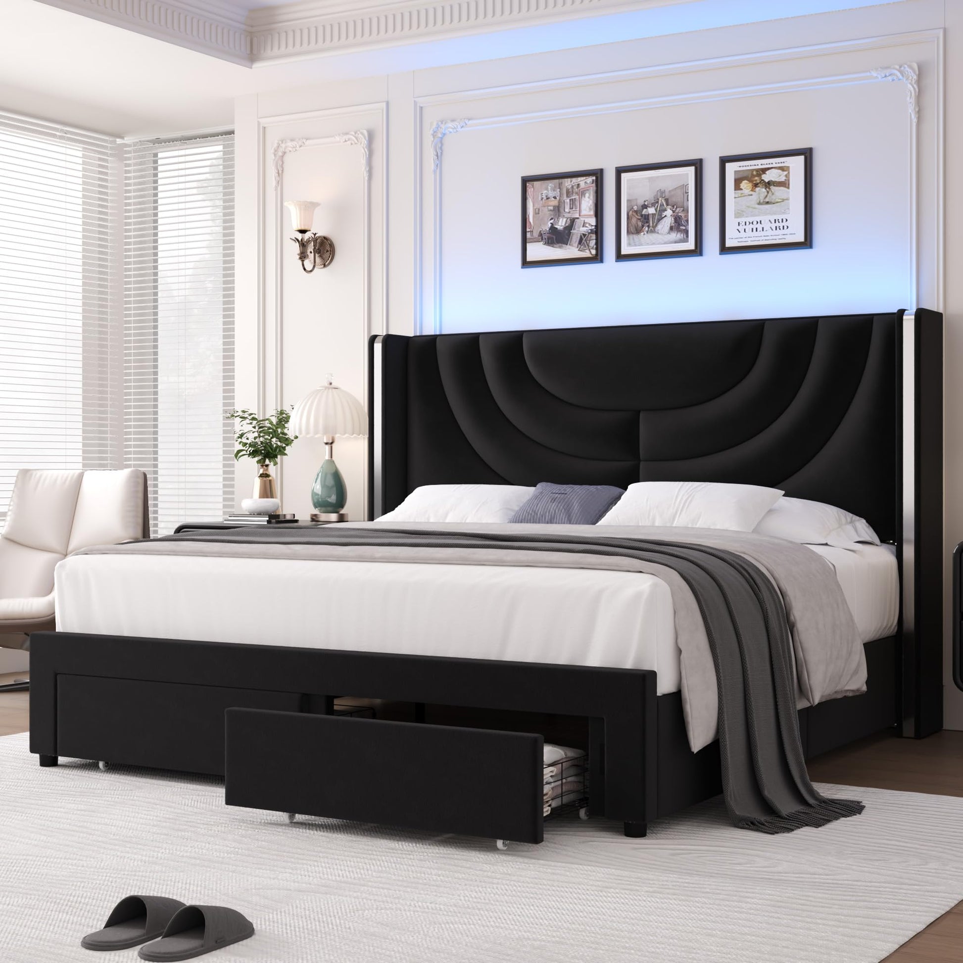 HITHOS Black Upholstered LED Bed Frame with Storage Drawers and Wingback Headboard - WoodArtSupply