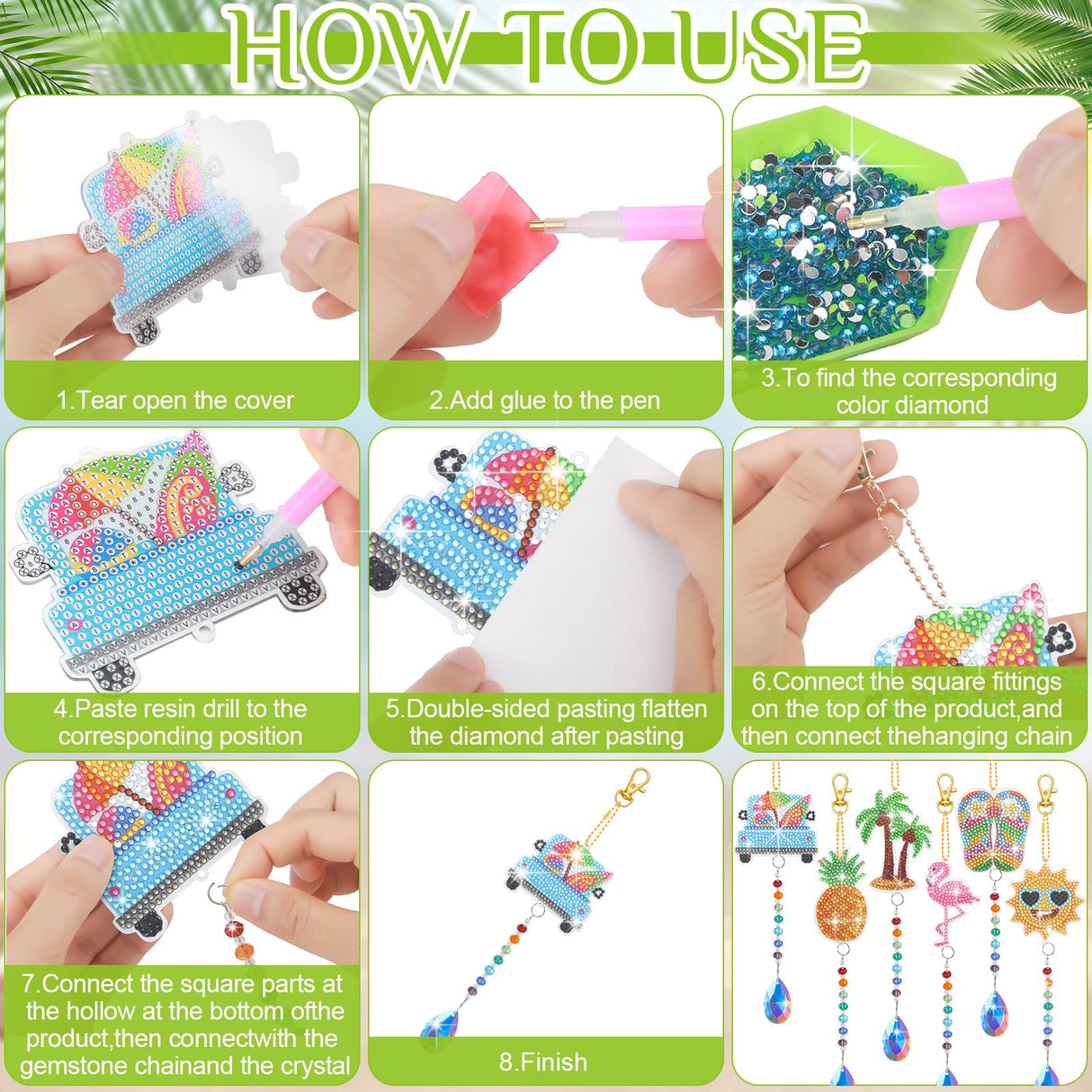 Wesiti 6 Pcs Summer Diamond Art Kits Double Sided Diamond Art Suncatchers Painting Wind Chimes Hanging Ornaments with Crystal Pendant for Adults Kids Summer Beach Home Window Decor DIY Craft Wesiti