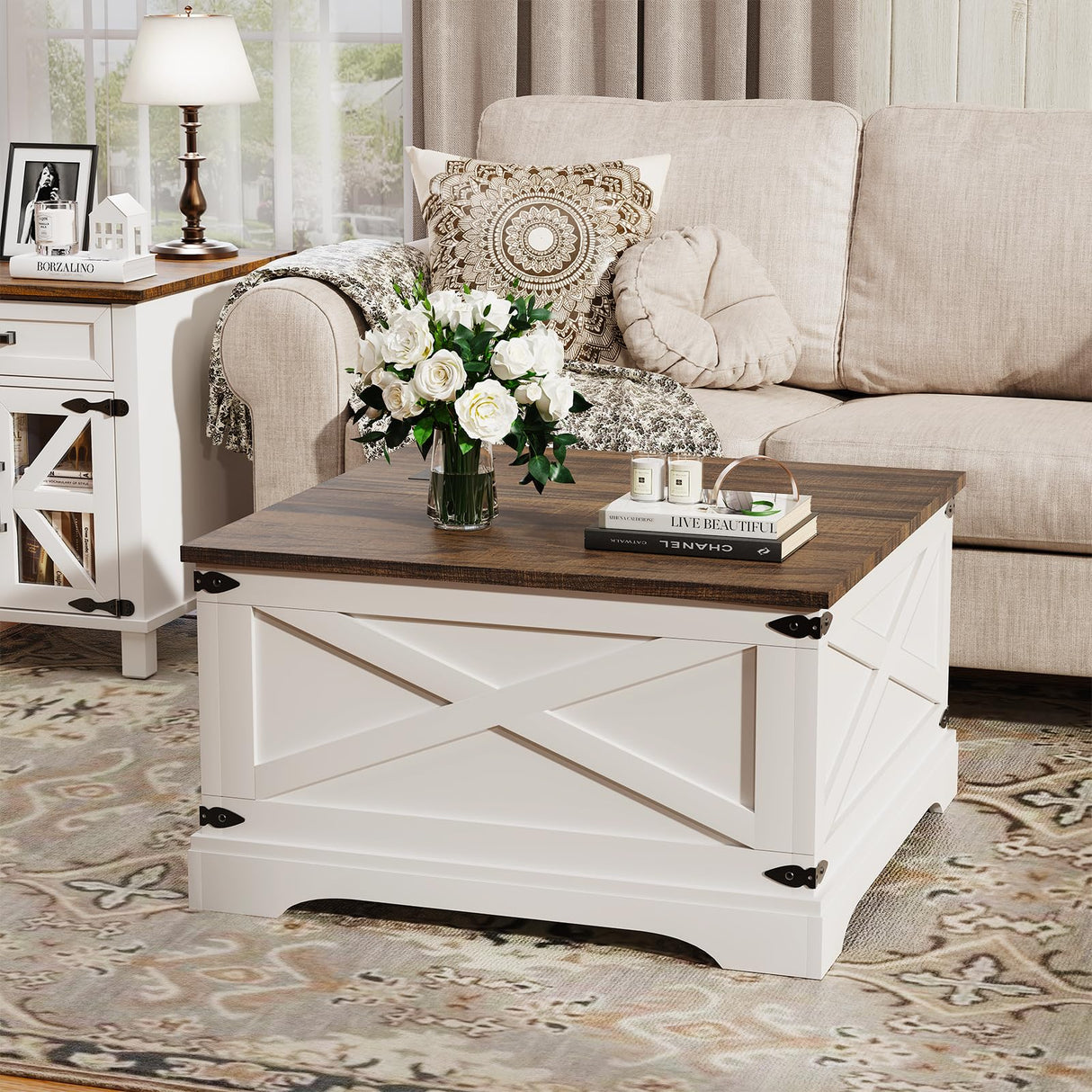 BROTTAR Lift Top Coffee Table with Storage, Square Coffee Table for Living Room with Wireless Charging, Farmhouse Coffee Table with Large Hidden Storage, White, 31.5" BROTTAR