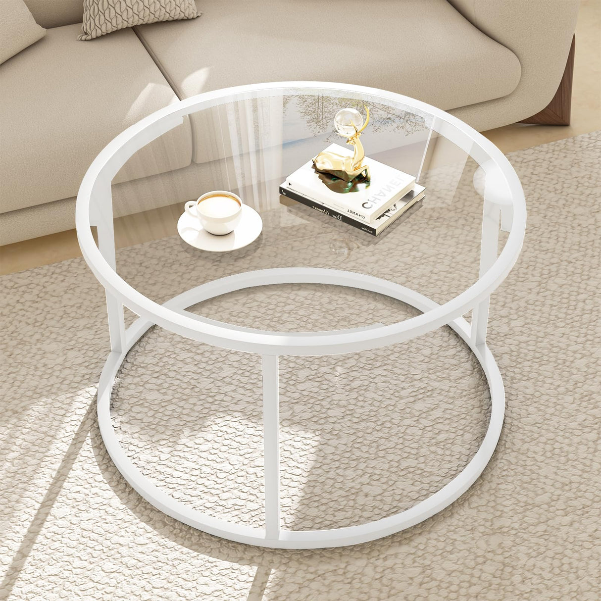 Round Glass Coffee Table for Living Room,Minimalist Modern Center Table with Metal Frame for Small Space,Easy Assembly,27 x 27In, White Easy Paws