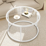 Round Glass Coffee Table for Living Room,Minimalist Modern Center Table with Metal Frame for Small Space,Easy Assembly,27 x 27In, White Easy Paws