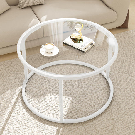 Round Glass Coffee Table for Living Room,Minimalist Modern Center Table with Metal Frame for Small Space,Easy Assembly,27 x 27In, White Easy Paws