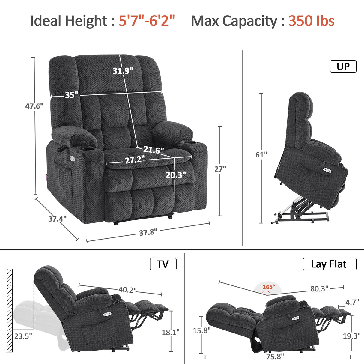 MCombo Oversized Power Lift Recliner Chair for Elderly, Dual Motor Lift Chair with Heat and Massage, Lay Flat Lift Chair for Big and Tall, Cup Holders, Fabric R7891 (Oversize, Dark Gray) MCombo