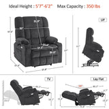 MCombo Oversized Power Lift Recliner Chair for Elderly, Dual Motor Lift Chair with Heat and Massage, Lay Flat Lift Chair for Big and Tall, Cup Holders, Fabric R7891 (Oversize, Dark Gray) MCombo