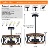 Faibra 4-Light Farmhouse Drum Pendant Light,12.6'' Nature Wood Texture Vintage Rustic Chandeliers Black Metal Industrial Hanging Light Fixtures for Entryway, Bedroom Dining Room Faibra