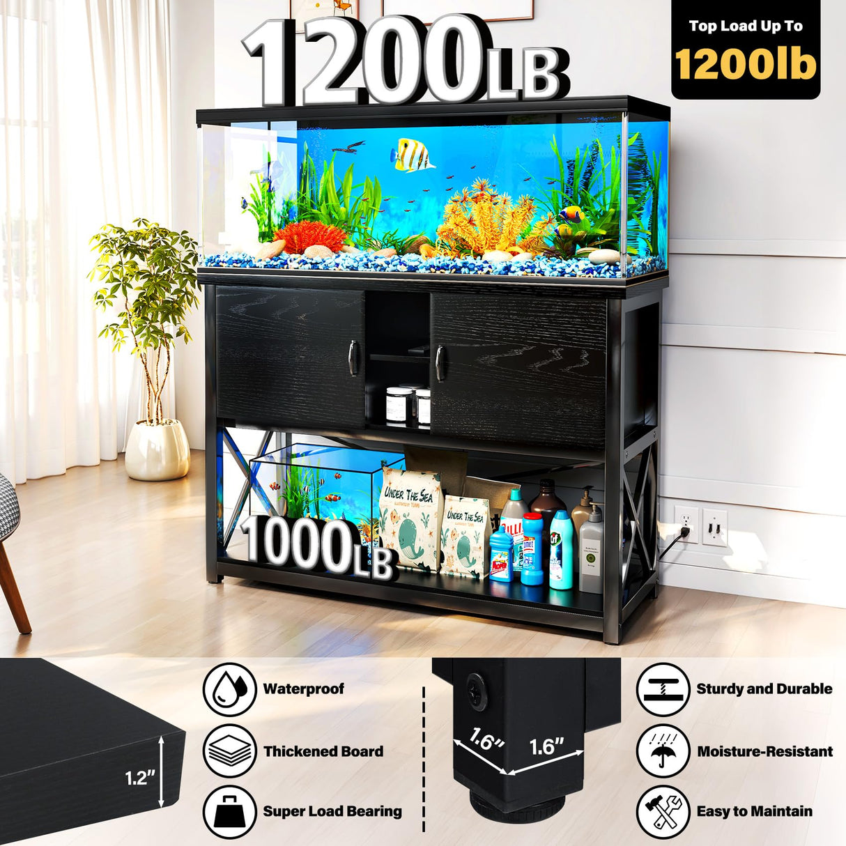 TC-HOMENY 55-75 Gallon Aquarium Stand with Charging Station and Cable Holes, Metal Fish Tank Stand with Storage Cabinet,51" L x 19.5" W Tabletop,1200LBS Capacity, Fit Living Room, Coffee Shop TC-HOMENY