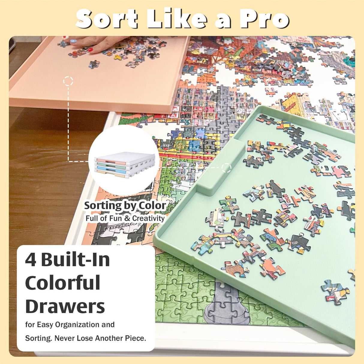 Playboda 2-in-1 Rotating & Tilting Puzzle Board for 1500‑Piece Puzzles with 4 Color Drawers and Cover, 32"x24" Portable Spinning Plastic Jigsaw Puzzle Table for Adults Playboda