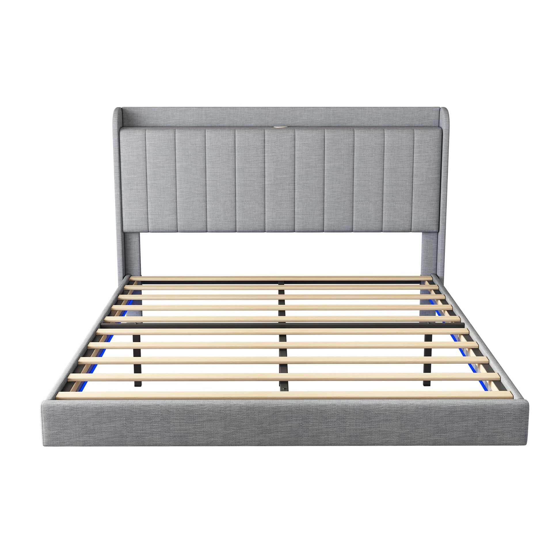 YOPTO Modern Queen Size Floating Bed Frame with APP-Controlled RGB LED Lights, USB Port & Storage Headboard in Light Grey - WoodArtSupply