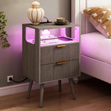 JOONEE Nightstand with Charging Station and LED Lights,Modern Bedside Table with 2 Storage Drawer and Open Wood Shelf, for Bedroom and Small Spaces,Night Stand with Solid Wood Legs,GreyOak JOONEE