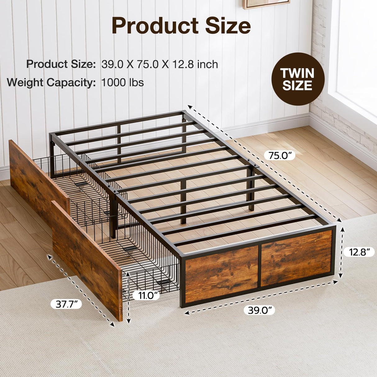 GAZHOME Twin Bed Frame with 2 XL Storage Drawers, Metal Platform Bed Frame with Footboard, 9 Strong Metal Slat Support/No Box Spring Needed/Easy Assembly/Space Saving Wood GAZHOME