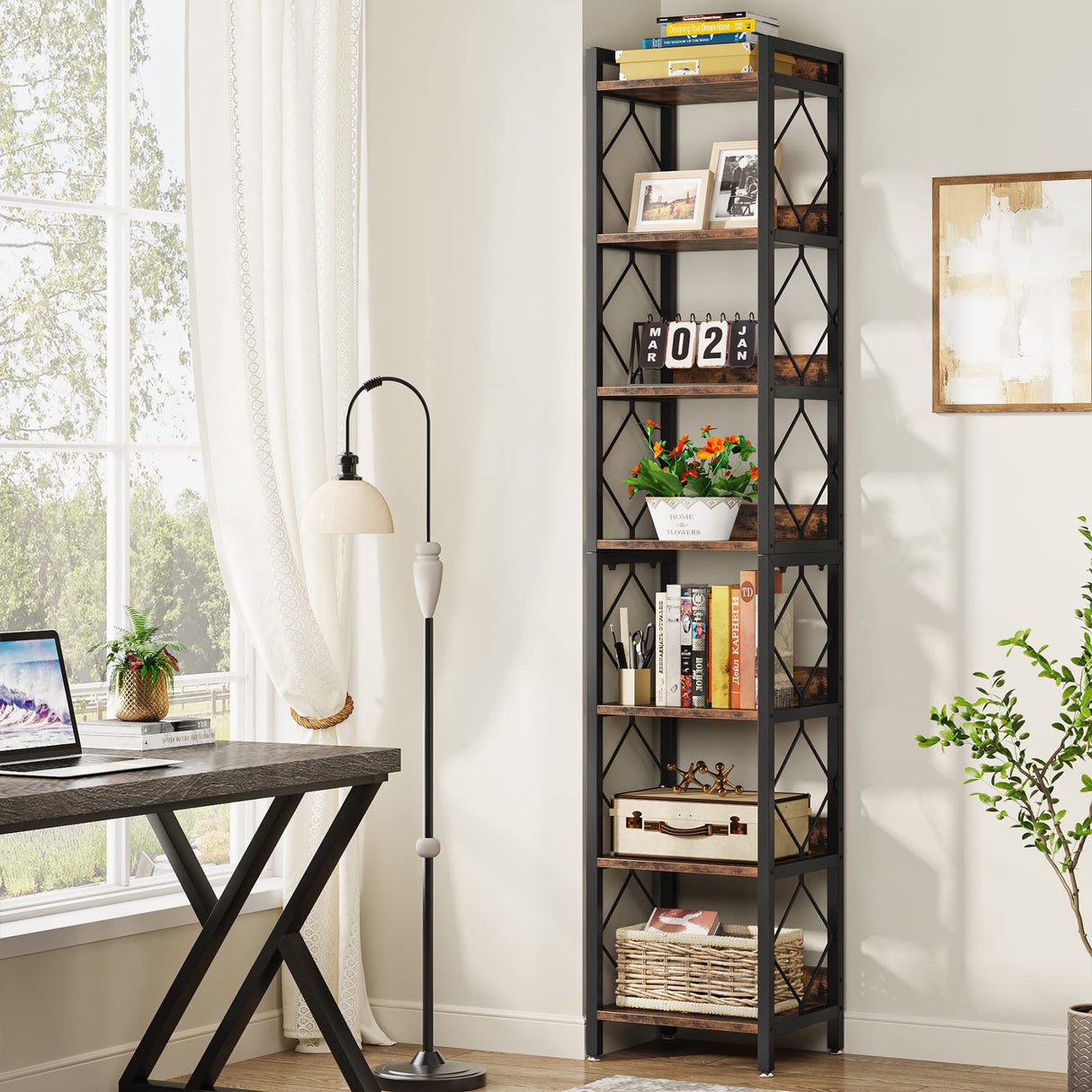 Tribesigns Tall 7-Tier Narrow Bookshelf for Small Spaces - Rustic Brown Freestanding Storage Organizer Tribesigns