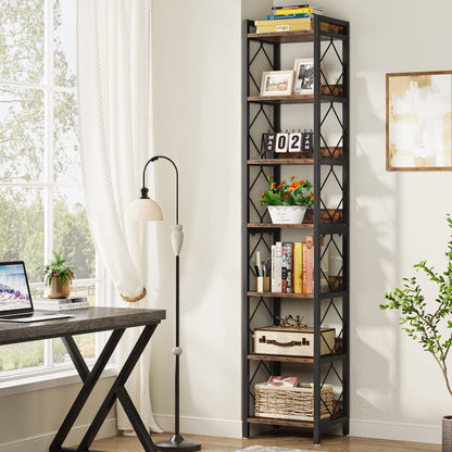 Tribesigns Tall 7-Tier Narrow Bookshelf for Small Spaces - Rustic Brown Freestanding Storage Organizer - WoodArtSupply