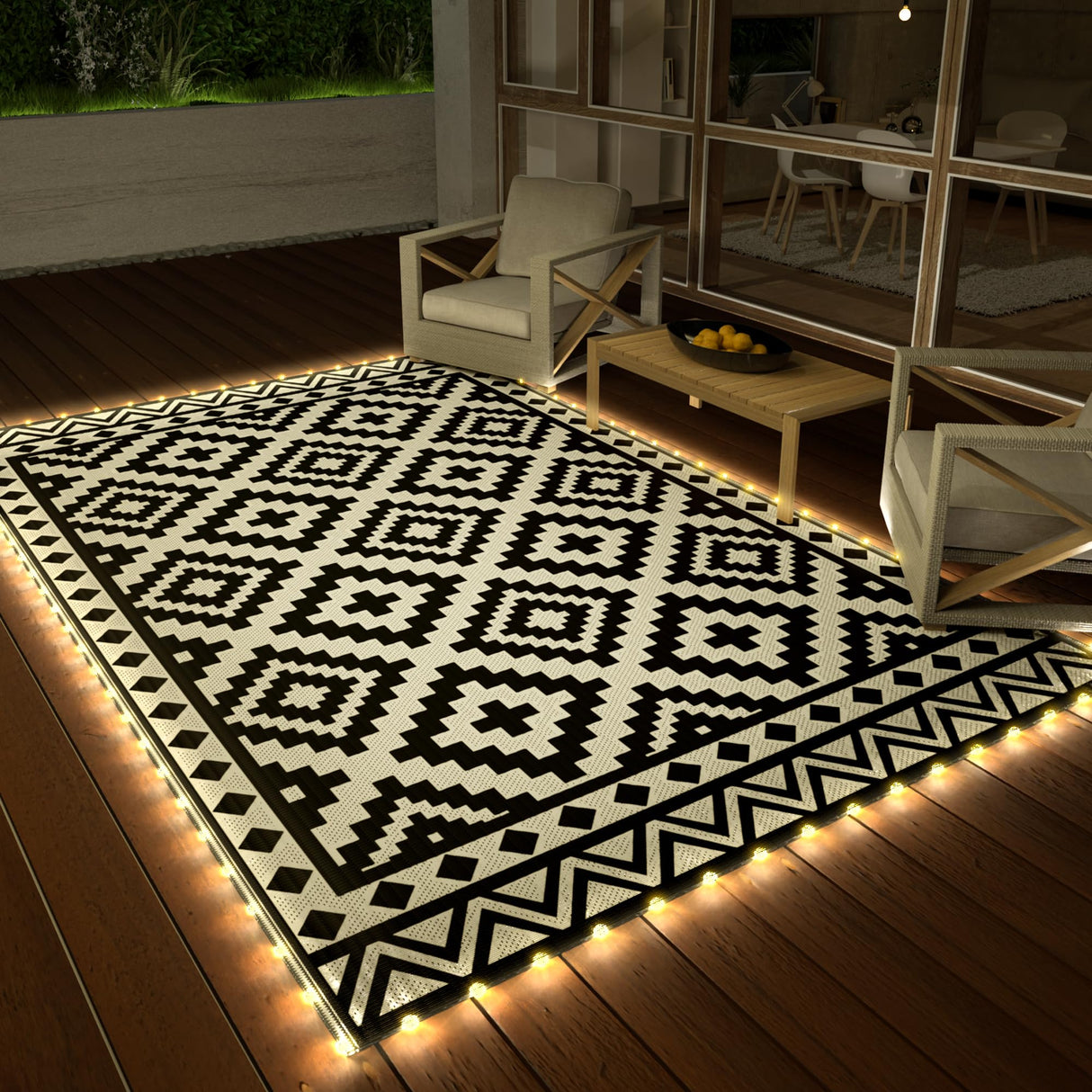 HAUSHOF 5'X8' Outdoor Rug Waterproof with LED Strip Light, Reversible Outdoor Plastic Straw Rug, Patio Rug with 4 Rug Stakes, Outdoor Carpet Mat for RV, Camping, Beach, Porch, Balcony, Black&White HAUSHOF