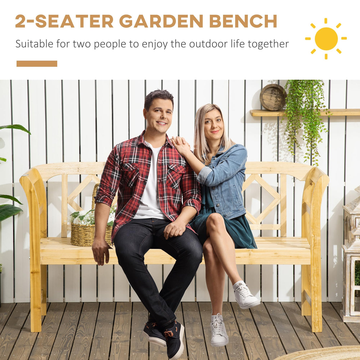 Outsunny Rustic Three-Seat Wooden Patio Bench with Backrest and Armrests Outsunny