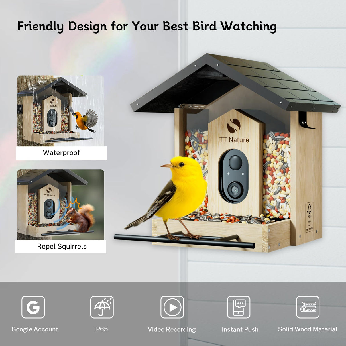 TT Nature Bird Feeder with Camera, Upgraded 1.5L Smart Bird Feeder with AI Identify for 10000 Plus Bird Species, Auto Capture Bird & Real-time Notifications, Ideal Gift for Bird Lovers (Iron Roof) TT Nature