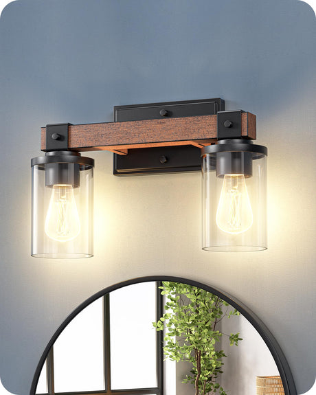 EDISHINE Farmhouse Vanity Lights for Bathroom, 2-Light Bathroom Vanity Light Fixtures Over Mirror, Painted Wood Bath Wall Sconces Lamp with Clear Glass Shade for Bathroom, Powder Room EDISHINE