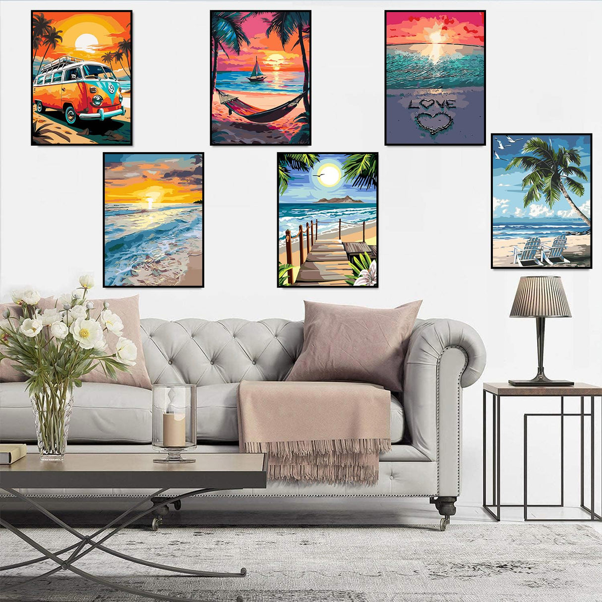 Ekuxom 6 Pack Paint by Numbers Kit for Adults Beginner, 12x16 inch Beach Adult Paint by Number Kits on Canvas, DIY Beach Painting by Numbers for Adults Home Wall Decor Ekuxom