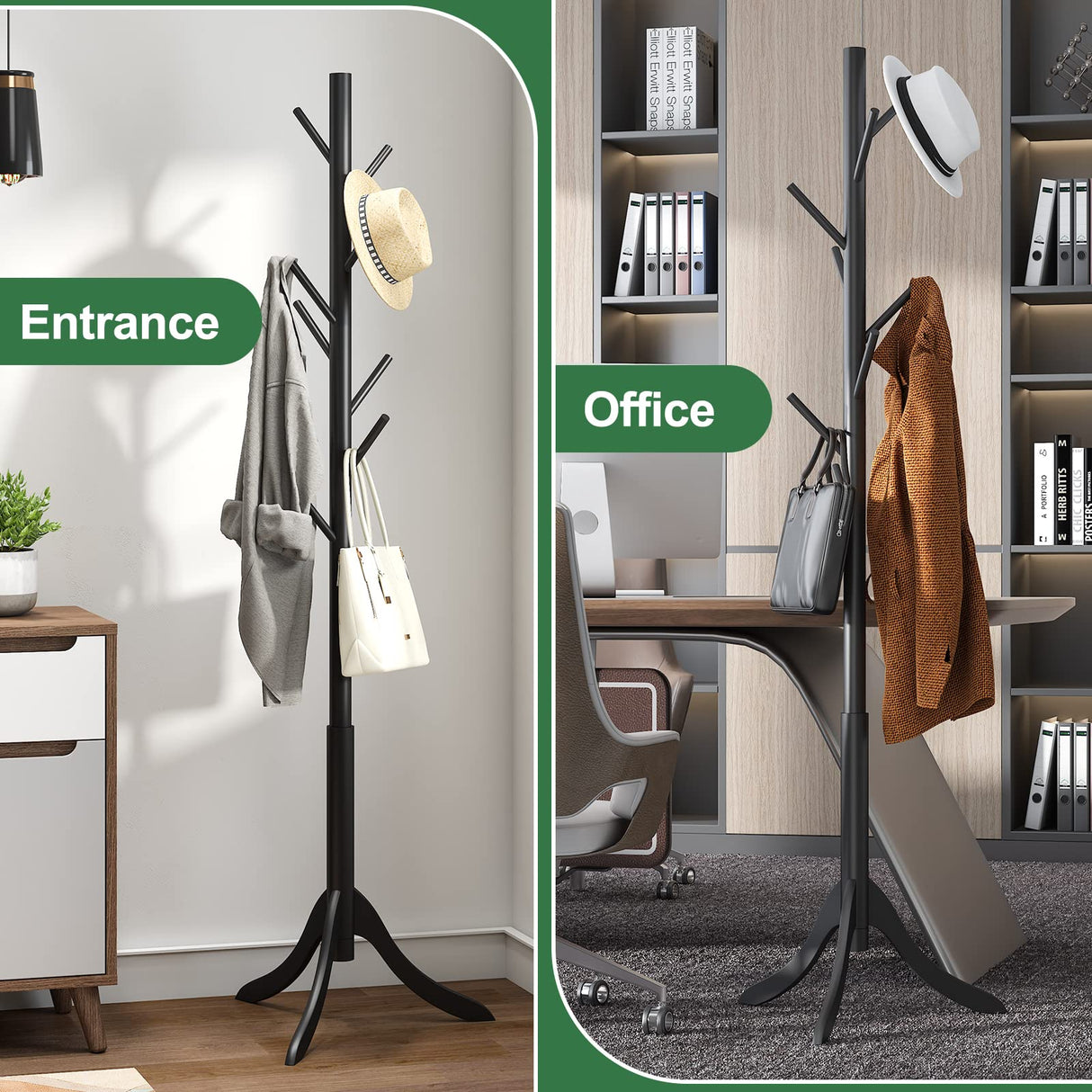 kiplant Black Coat Rack Stand, Bamboo Wood Freestanding Coat Tree with 8 Hooks, Hallway Entryway Hat Hanger Organizer Standing for Bedroom, Office, Clothes, Jackets, Bags, Umbrallas kiplant