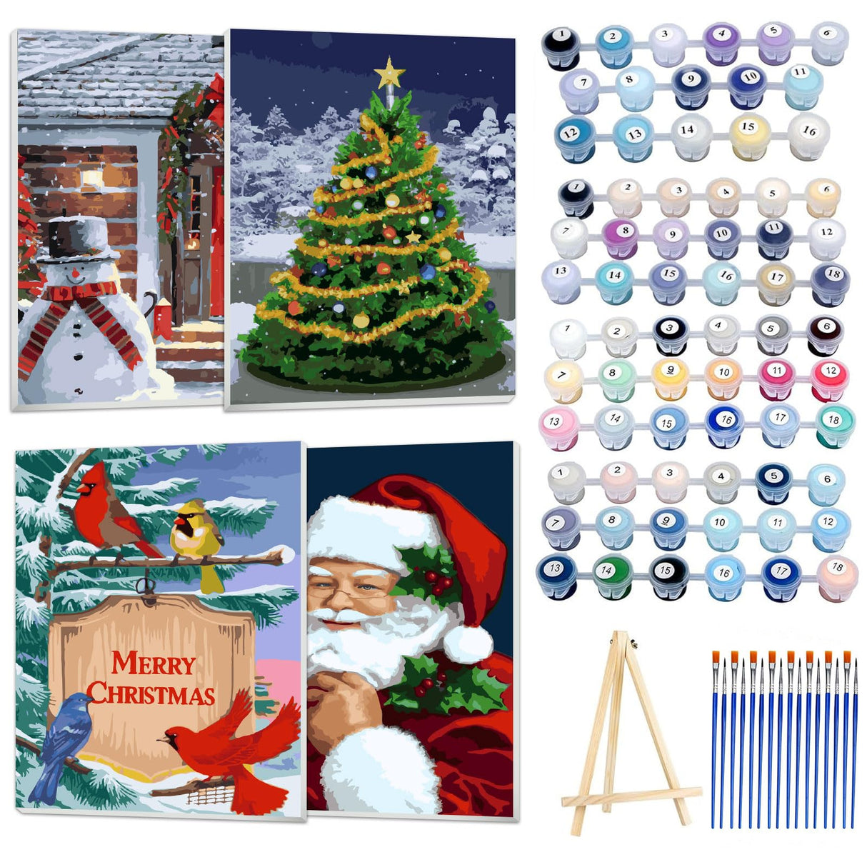 Ninonly Christmas Paint by Numbers Kit, 4 Pack Framed Adults' Paint-by-Number Kits Crafts for Adults Beginner with Wooden Easel, Brushes, Acrylic Painting, 9 * 12 Inch Ninonly
