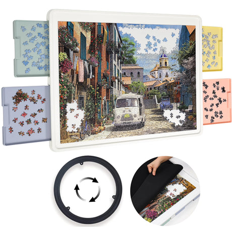 Playboda 1500 Pieces Rotating Plastic Puzzle Board with Drawers and Cover, 35"x27" Portable Jigsaw Puzzle Table for Adults, Lazy Susan Spinning Puzzle Boards, Multicolor (Patent Design) Playboda