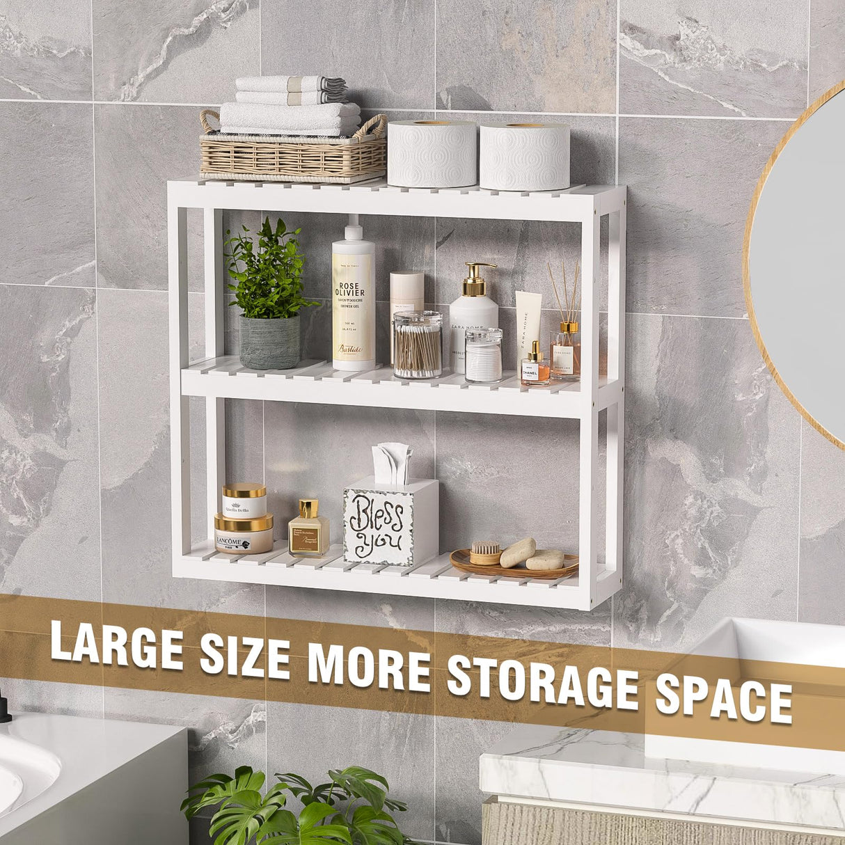 Domax Bathroom Shelves Over Toilet Storage - 3 Tier Wall Mounted Bamboo Bathroom Shelf Organizer Multifunctional Adjustable Layer Free Standing Utility Shelves for Bathroom Living Room Kitchen, White Domax