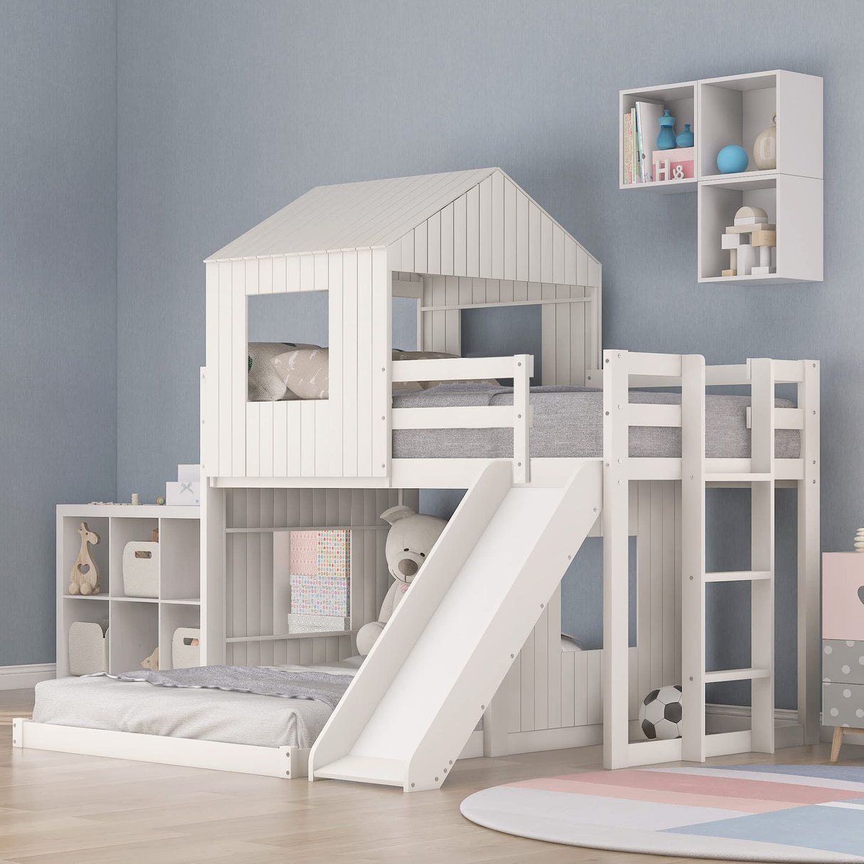 Merax Twin Over Full Bunk Bed Frames Loft Bed with Slide, House Roof, Window and Safety Guardrails for Boys or Girls, White Merax