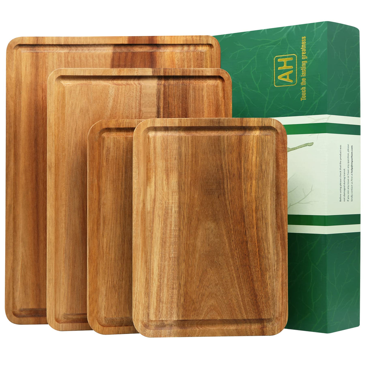 AZRHOM Large Wood Cutting Boards Set of 4 for Kitchen Cheese Charcuterie Board (Gift Box Included) Acacia Butcher Block with Non-slip Mats, Juice Groove and Handles (16x12, 14x10, double 11x8 inch) AZRHOM