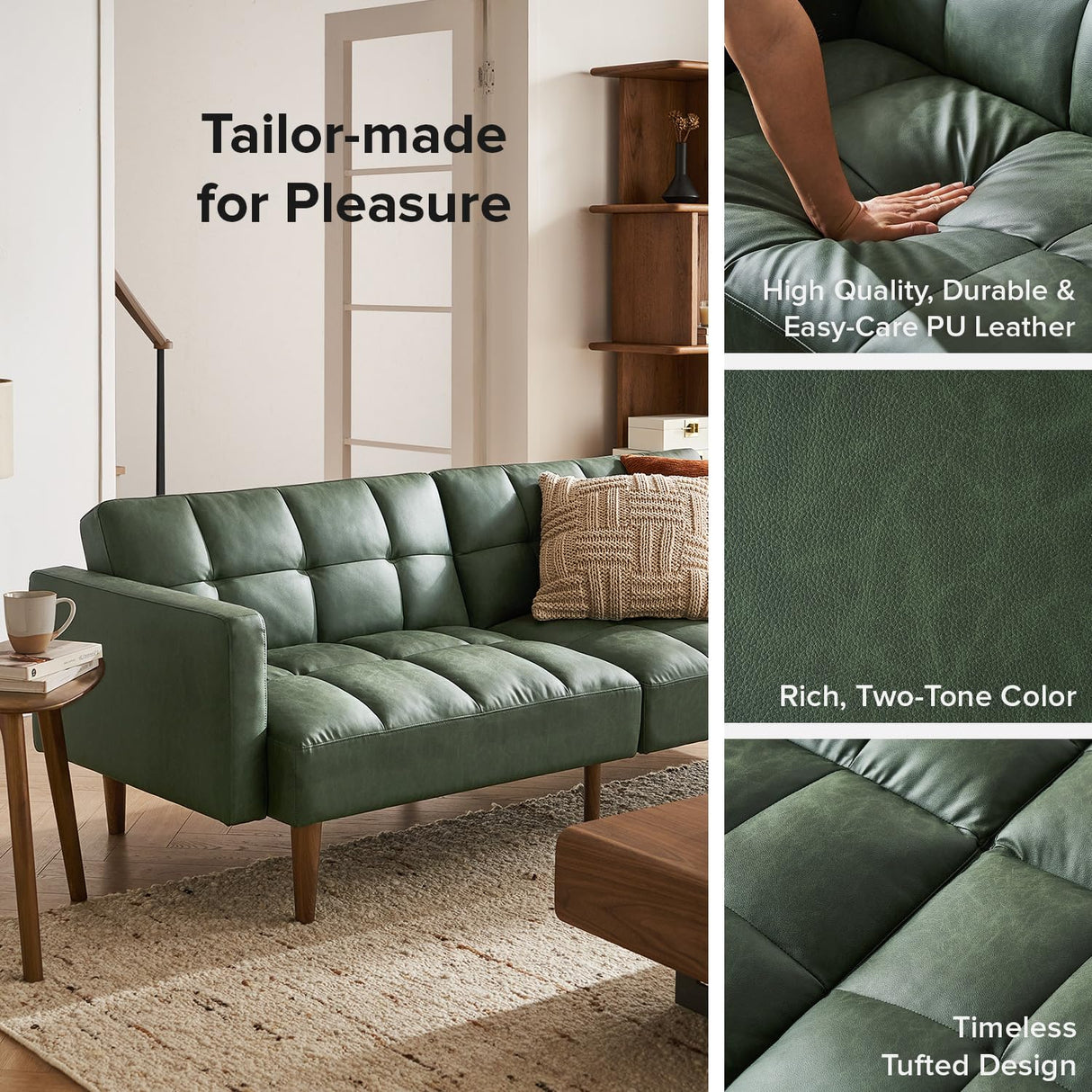 mopio Aaron 76.8" Couch, Small Futon Sofa Bed, Sleeper, Loveseat, Mid Century Modern Futon Couch, Sofa Cama, Couches for Living Room, Bedroom (Sage Green, Faux Leather) mopio