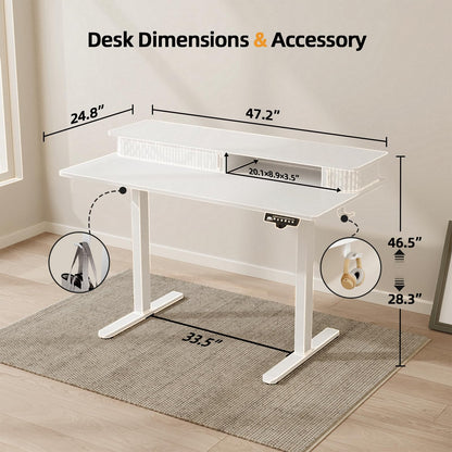 JOY worker Height Adjustable Electric Standing Desk with Storage Shelves, 48 Inch Table with Built-in Monitor Stand, Sit Stand Desk with 2 Hooks for Home Office, White - WoodArtSupply