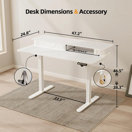 JOY worker Height Adjustable Electric Standing Desk with Storage Shelves, 48 Inch Table with Built-in Monitor Stand, Sit Stand Desk with 2 Hooks for Home Office, White JOY worker
