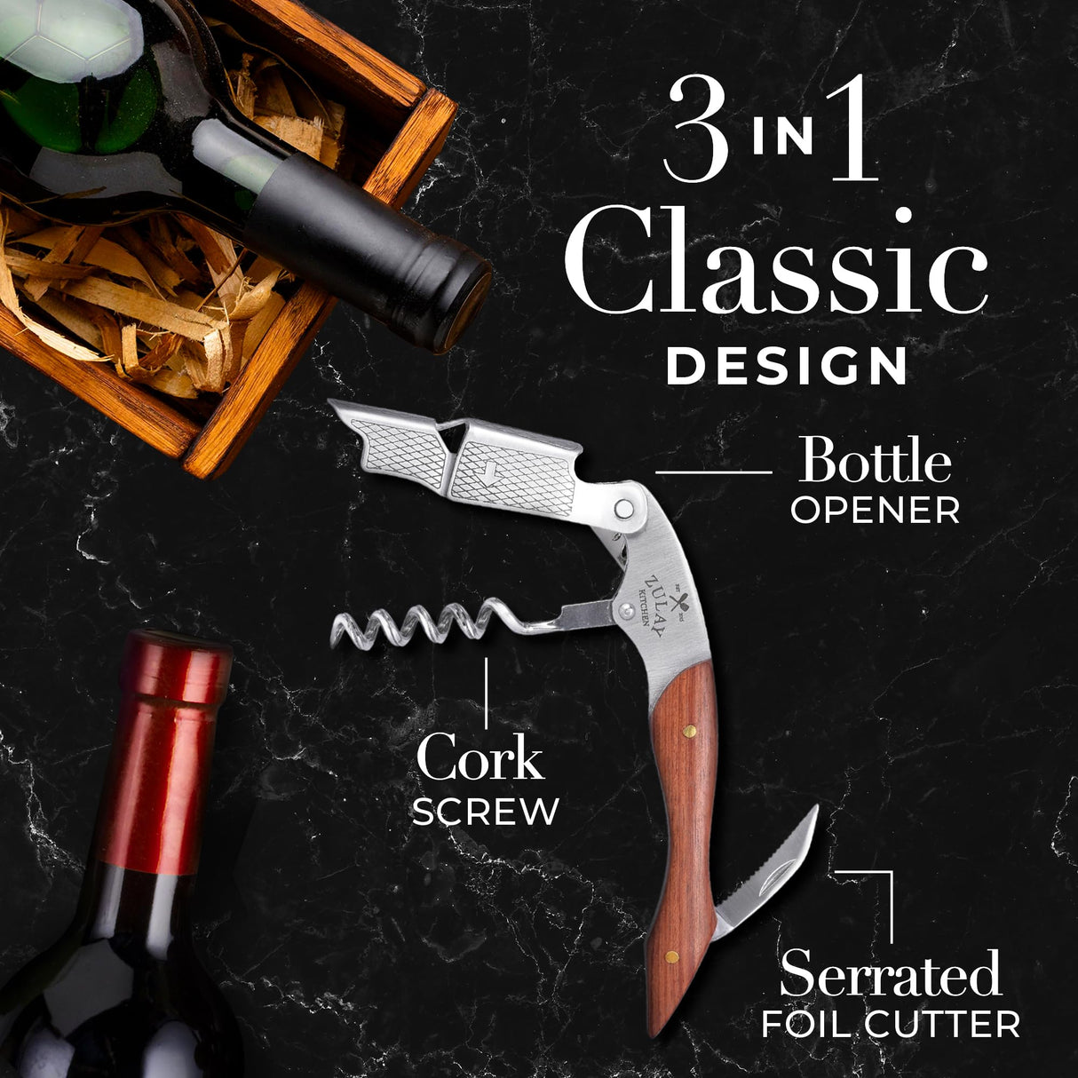 Zulay Kitchen Corkscrew Wine Opener - Premium 420 Stainless Steel & Rosewood Wine Bottle Opener - Double Hinged Opener with Foil Cutter & Cap Remover - Rosewood Zulay Kitchen