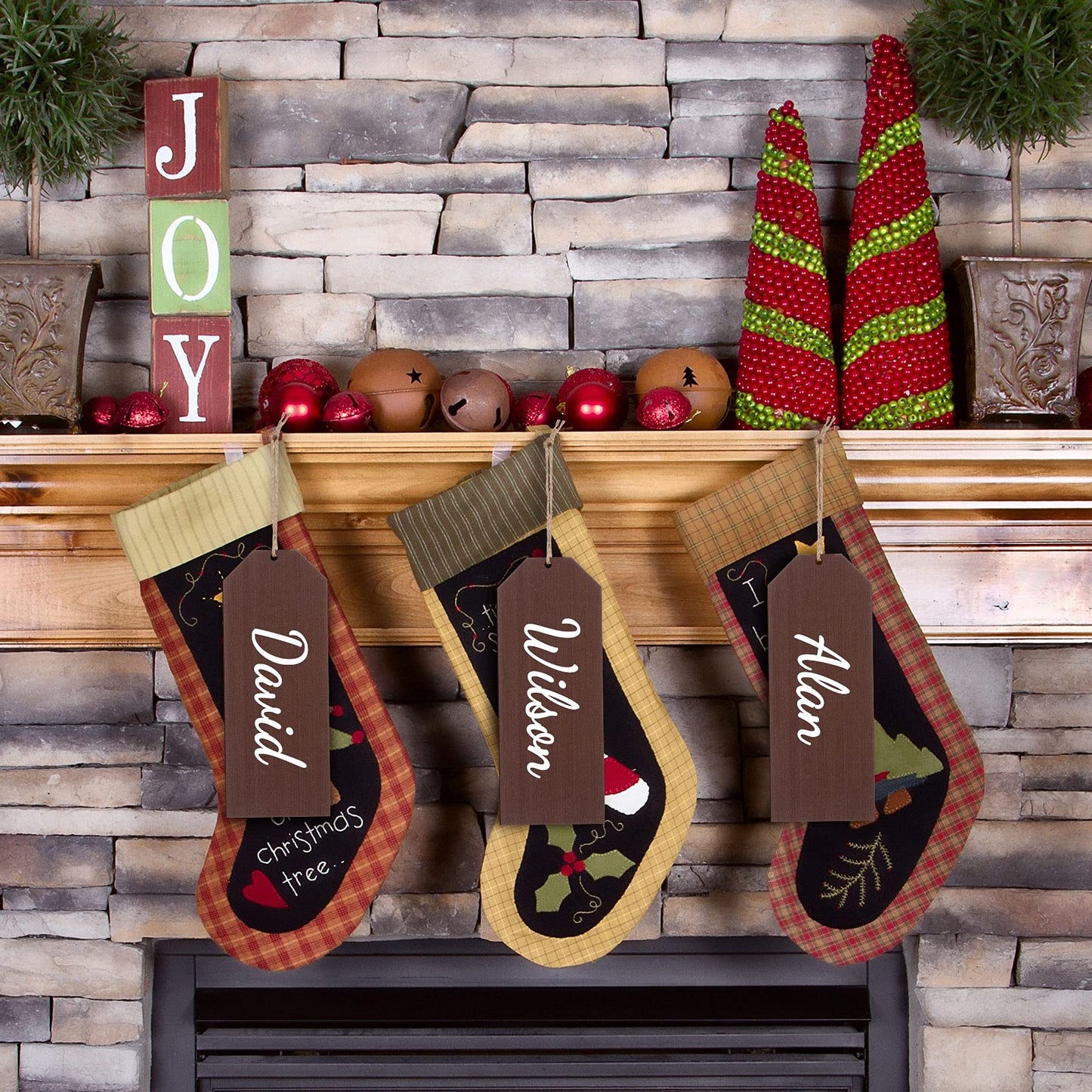 Jetec 10 Pieces Christmas Stocking Name Tag Wood Personalized Christmas Stocking Sign Blank Rustic Farmhouse Xmas Stocking Hanging Tag with Whiteboard Pens for Xmas Tree Ornament (Dark Brown) - WoodArtSupply