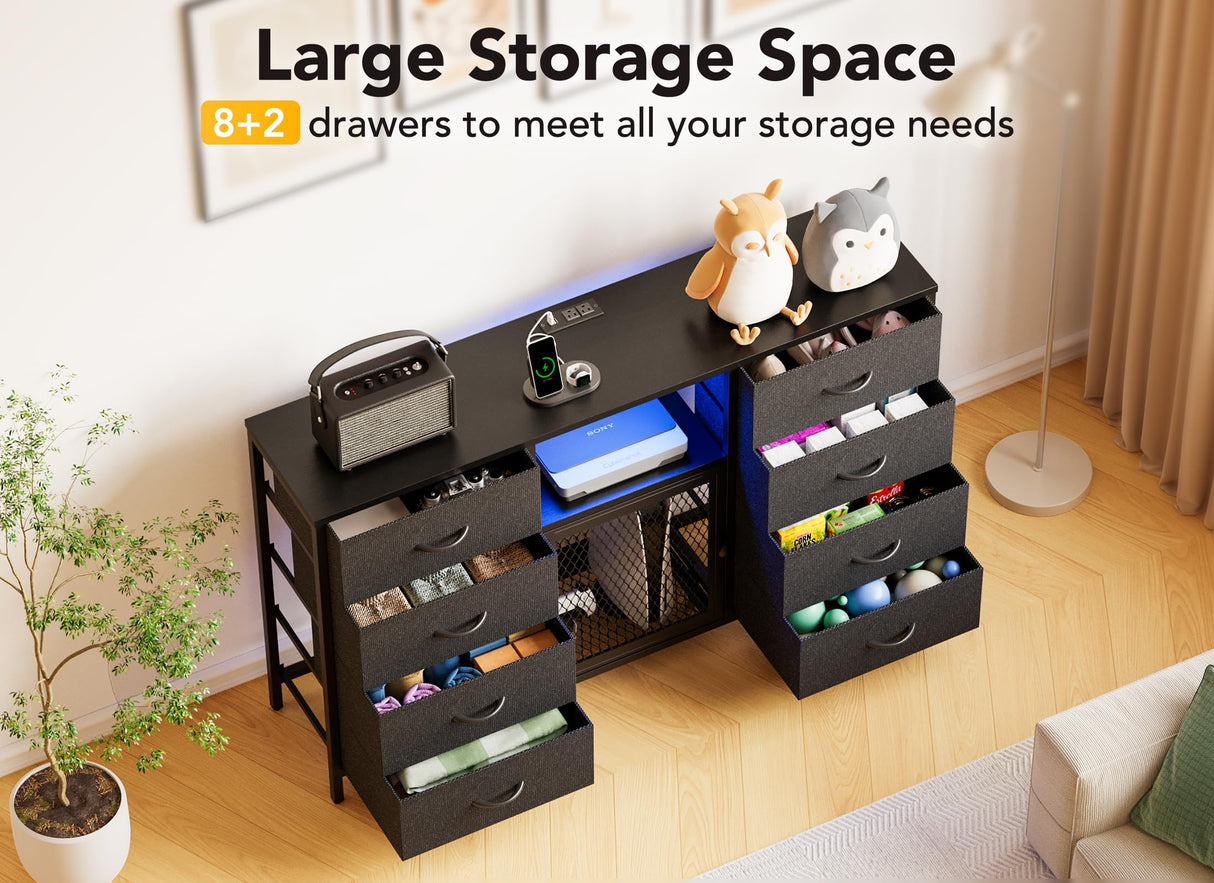 Decofy Dresser for Bedroom with LED Lights and Power Outlets, 8 Drawers TV Stand Dresser for 65 Inch TV, Fabric Chest of Drawers with Open Shelves, Black Dressers for Bedroom, Closet Decofy