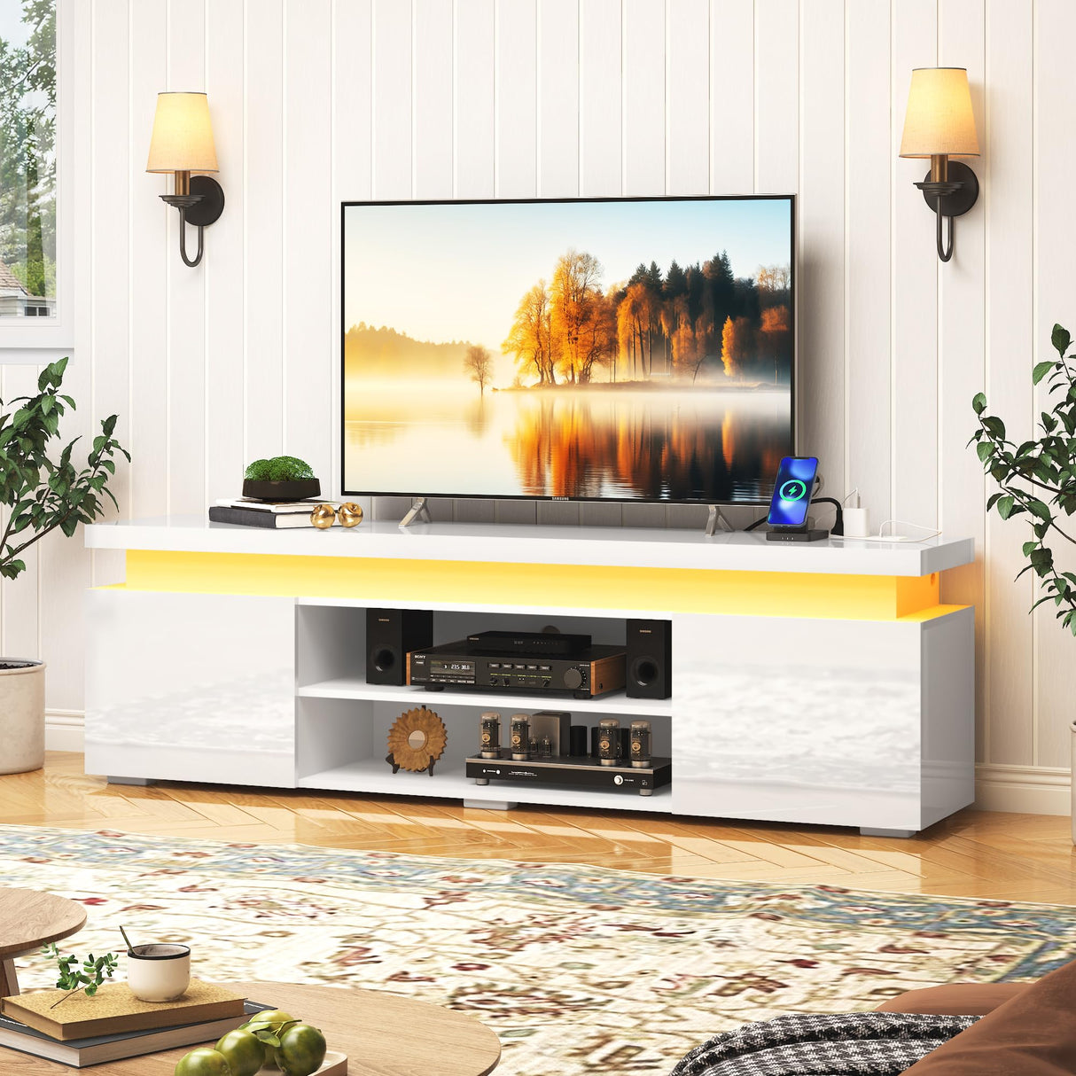 Hlivelood LED TV Stand for 75 Inch TV, Modern TV Stand with Power Outlet, High Gloss TV Console Entertainment Center with Storage and LED Lights for Living Room, Bedroom (66 Inch, White) Hlivelood